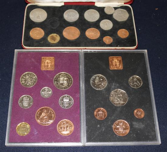 Three cased UK Proof coin sets 1967, 1970 & 1971, four £5 coins etc.